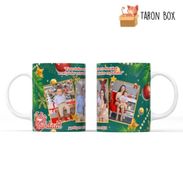 Taza de Navidad Fondo Verde y 3 Fotos